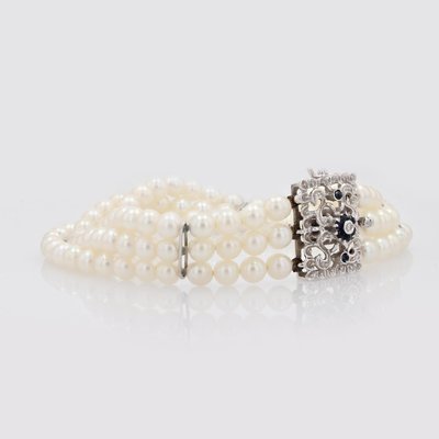 Cultured Pearl 18 Karat White Gold Sapphire Diamond Clasp 3 Rows Bracelet, 1970s-OLU-2042365