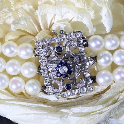 Cultured Pearl 18 Karat White Gold Sapphire Diamond Clasp 3 Rows Bracelet, 1970s-OLU-2042365