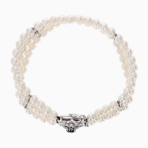 Cultured Pearl 18 Karat White Gold Sapphire Diamond Clasp 3 Rows Bracelet, 1970s-OLU-2042365