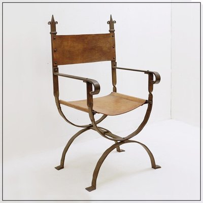 Curule Chair in Wrought Iron and Leather-NYF-2019068