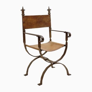 Curule Chair in Wrought Iron and Leather-NYF-2019068