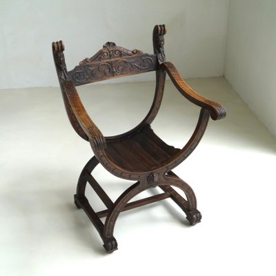 Curule or Dagobert Armchair in Walnut, Italy, 1910s-PRM-2034466