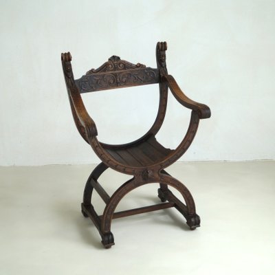 Curule or Dagobert Armchair in Walnut, Italy, 1910s-PRM-2034466