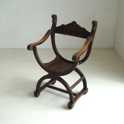 Curule or Dagobert Armchair in Walnut, Italy, 1910s-PRM-2034466