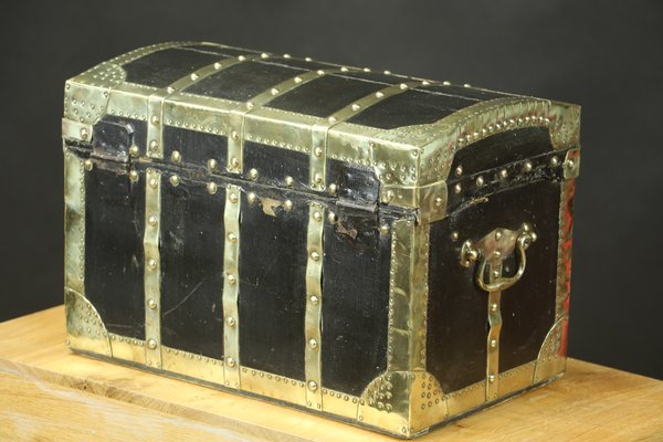 Curved Doll Trunk in Black Coated Canvas and Brass-EMZ-1220486