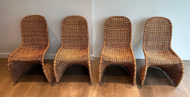 Curved Rattan Chairs, 1970s, Set of 4-BA-1706061