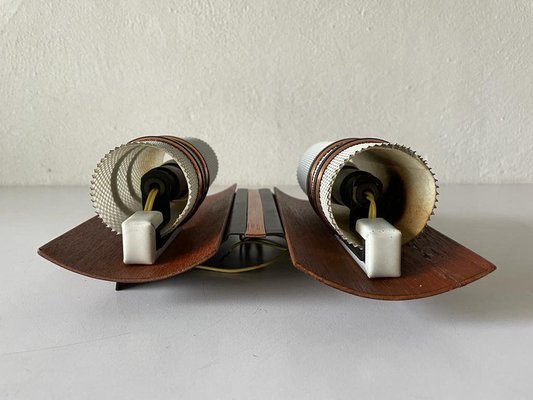 Curved Wood & Double White Metal Shade Single Sconce, 1960s, Set of 2-RDS-1196882