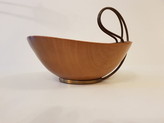 Curved Wooden Bowl with Brass Handle from Grasoli, 1950s-QDP-697710