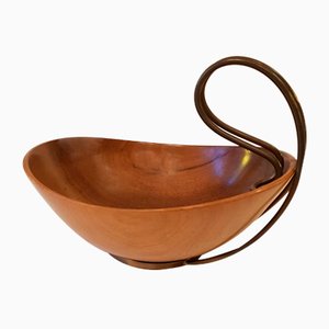 Curved Wooden Bowl with Brass Handle from Grasoli, 1950s-QDP-697710