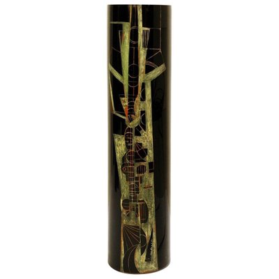 Cylindrical Vase in Black Engraved Glass by A. Riecke, 20th Century-FGA-922778