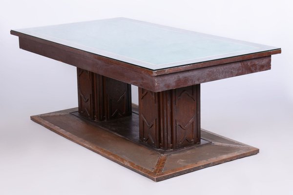 Czech Art Deco Dining Table in Oak, Copper Plating and Glass, 1930s-WHY-1747248