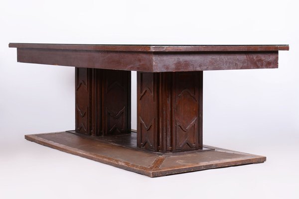 Czech Art Deco Dining Table in Oak, Copper Plating and Glass, 1930s-WHY-1747248