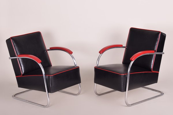 Czech Black Leather and Tubular Steel Cantilever Armchairs from Mücke Melder, 1930s, Set of 2-WHY-1767404