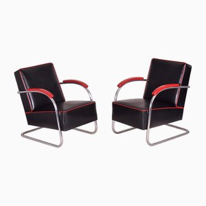 Czech Black Leather and Tubular Steel Cantilever Armchairs from Mücke Melder, 1930s, Set of 2-WHY-1767404