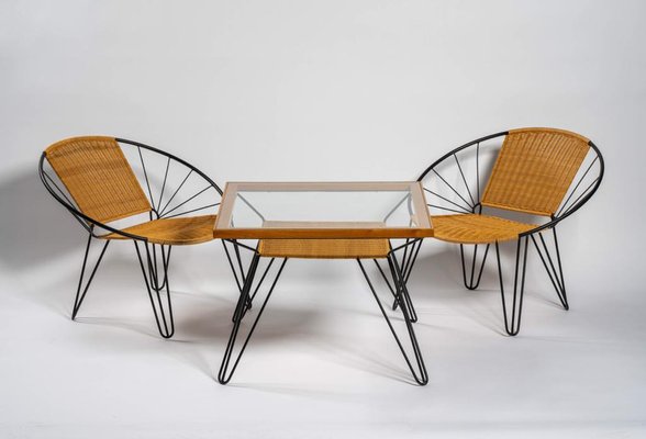 Czech Metal and Rattan Armchairs with Glass and Metal Table, 1960, Set of 2-UCP-1778140