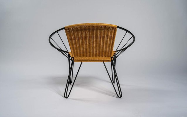 Czech Metal and Rattan Armchairs with Glass and Metal Table, 1960, Set of 2-UCP-1778140