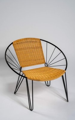 Czech Metal and Rattan Armchairs with Glass and Metal Table, 1960, Set of 2-UCP-1778140