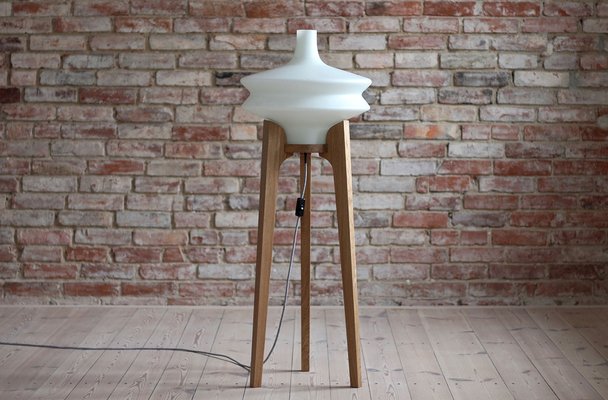 Czech Republican Space Age Floor Lamp with White Glass Lampshade and Wooden Tripod Base, 1960s-MJR-1320432