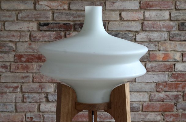 Czech Republican Space Age Floor Lamp with White Glass Lampshade and Wooden Tripod Base, 1960s-MJR-1320432