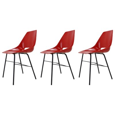 Czechoslovakian Red Fiberglass Dining Chairs, 1960s, Set of 3-TZ-801048