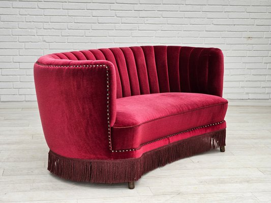 Danish 2-Seater Banana Sofa in Cherry-Red Velour, 1970s-TMW-2016409