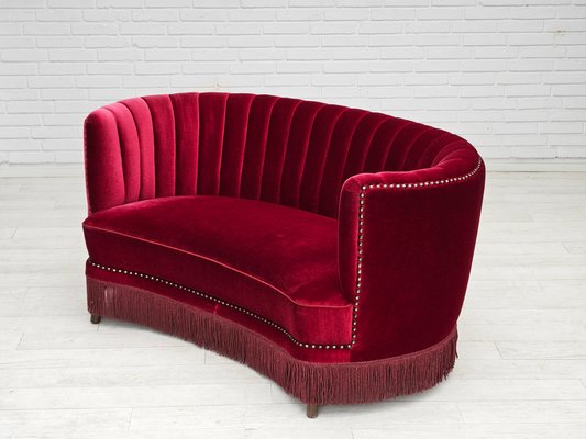 Danish 2-Seater Banana Sofa in Cherry-Red Velour, 1970s-TMW-2016409