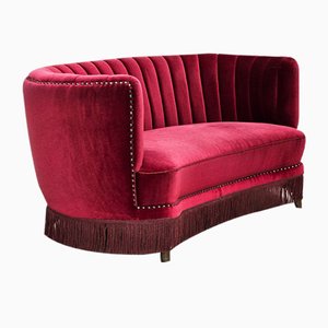 Danish 2-Seater Banana Sofa in Cherry-Red Velour, 1970s-TMW-2016409