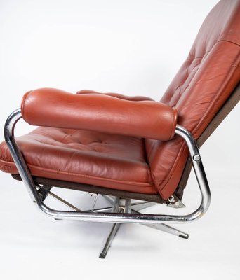 Danish Armchair with Red Leather and Frame of Metal, 1960s-UY-980668