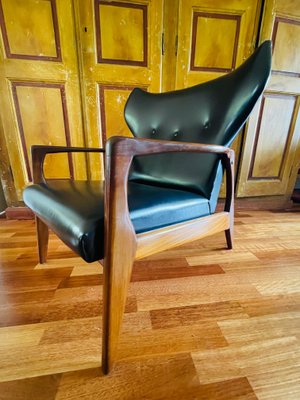 Danish Black Leather and Wood Armchair in the Style of Madsen & Schubell-WQJ-1349008