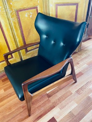 Danish Black Leather and Wood Armchair in the Style of Madsen & Schubell-WQJ-1349008