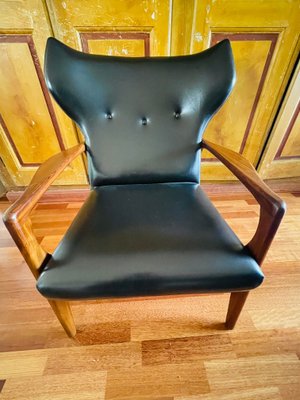 Danish Black Leather and Wood Armchair in the Style of Madsen & Schubell-WQJ-1349008