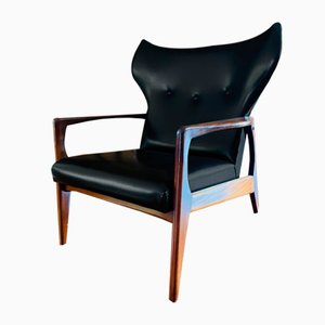 Danish Black Leather and Wood Armchair in the Style of Madsen & Schubell-WQJ-1349008