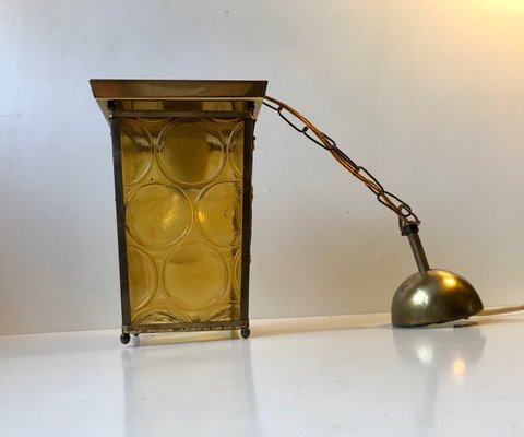 Danish Brass & Yellow Glass Funkis Ceiling Lamp, 1950s-LCR-666105