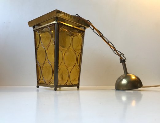 Danish Brass & Yellow Glass Funkis Ceiling Lamp, 1950s-LCR-666105