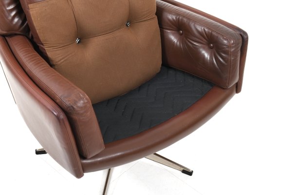 Danish Brown Leather Swivel Chair, 1960s-RA-554053