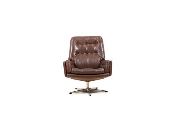 Danish Brown Leather Swivel Chair, 1960s-RA-554053