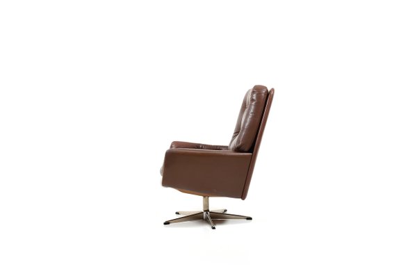 Danish Brown Leather Swivel Chair, 1960s-RA-554053