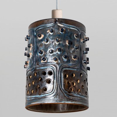 Danish Cylinder Brown Blue Ceramic Pendant Light, 1970-VDW-1739994