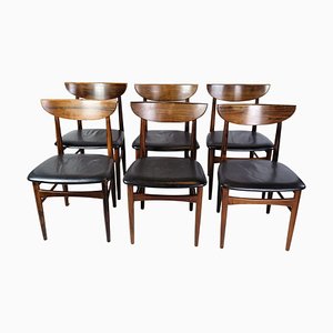 Danish Design Black Leather Rosewood Dining Table Chairs, Set of 6-UY-1271325