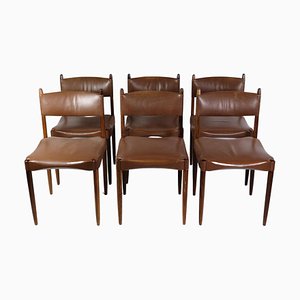 Danish Design Rosewood with Brown Leather Dining Chairs, Set of 6-UY-1271327