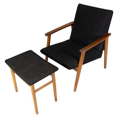 Danish Easy Chair with Stool in Teak and Dark Wool Fabric, 1960s-UY-942386