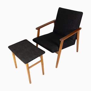 Danish Easy Chair with Stool in Teak and Dark Wool Fabric, 1960s-UY-942386