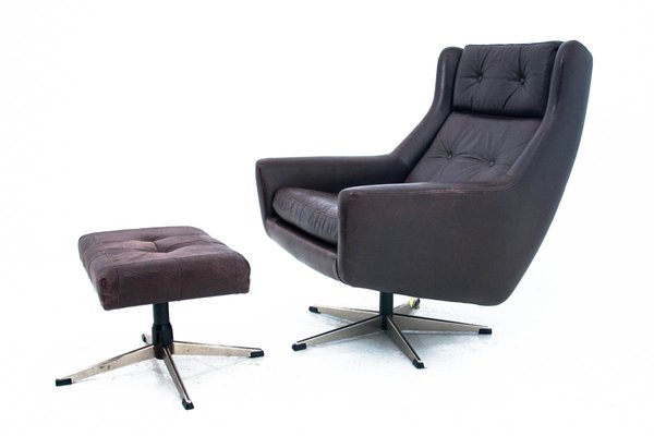 Danish Industrial Leather Armchair & Footstool, 1960s, Set of 2-BXB-742284