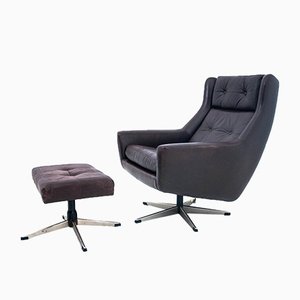 Danish Industrial Leather Armchair & Footstool, 1960s, Set of 2-BXB-742284