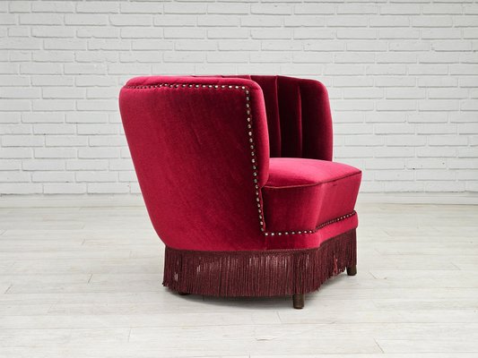 Danish Lounge Chair in Cherry-Red Velour Fabric, 1970s-TMW-2016411