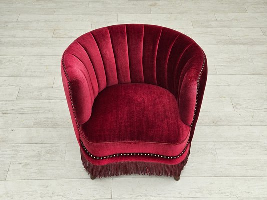 Danish Lounge Chair in Cherry-Red Velour Fabric, 1970s-TMW-2016411