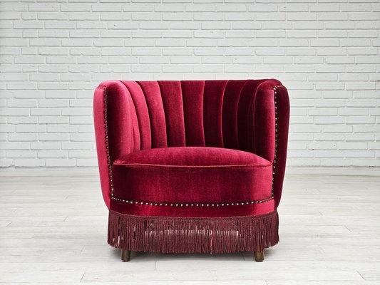 Danish Lounge Chair in Cherry-Red Velour Fabric, 1970s-TMW-2016411