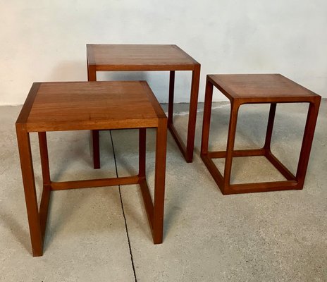 Danish Minimalist Cube Teak Nesting Tables by Aksel Kjersgaard 1960s, Set of 3-JP-776536