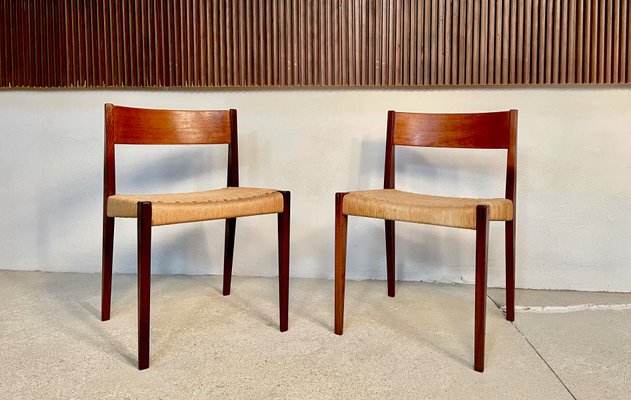 Danish Minimalist Model Pia Teak Dining Chairs with Paper Cord Seats by Poul Cadovius for Royal Persiennen, 1958, Set of 2-JP-1084346