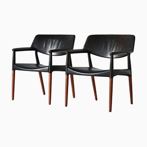 Danish Modern Armchairs in Teakwood & Leather attributed to Larsen & Bender Madsen, 1950s, Set of 2-WRF-1733733